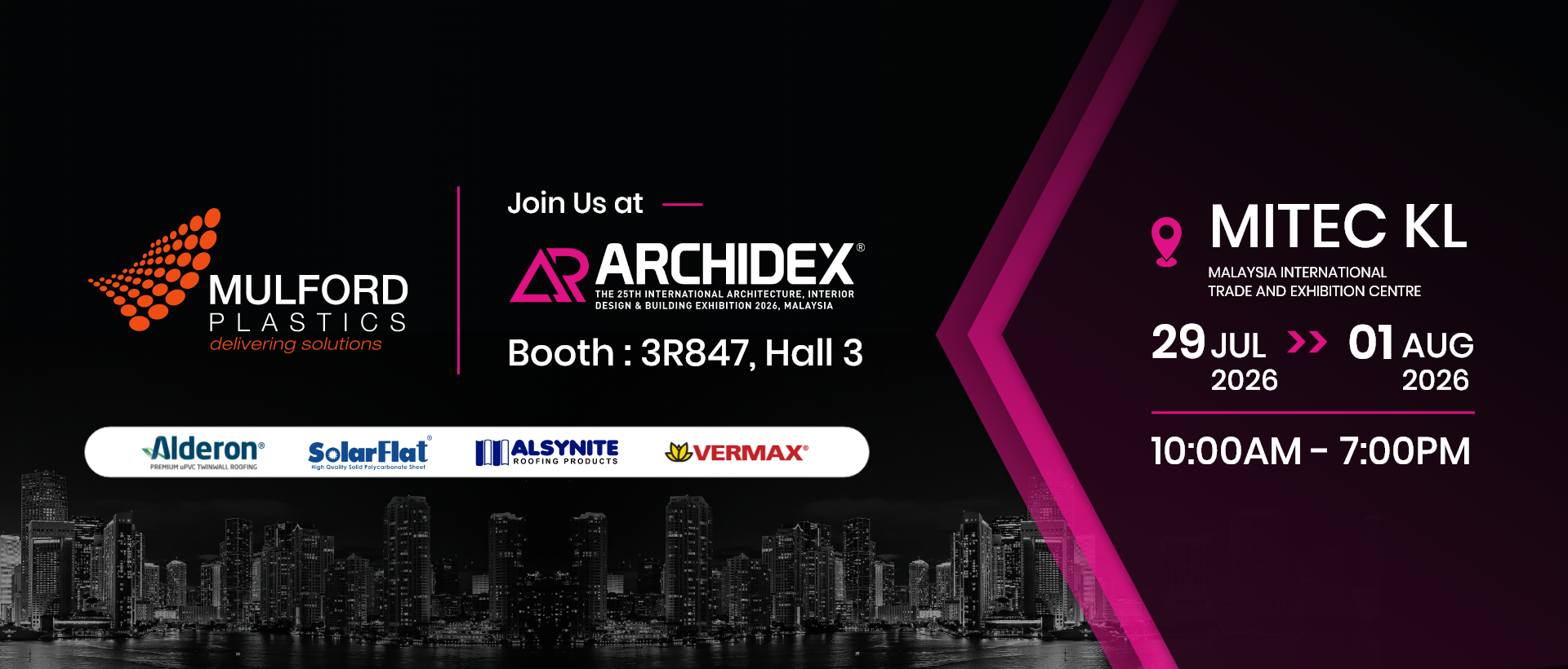Mulford Plastics at ARCHIDEX 2026, MITEC KL, Booth 3R847 Hall 3, 29 July to 1 August 2026, 10am to 7pm