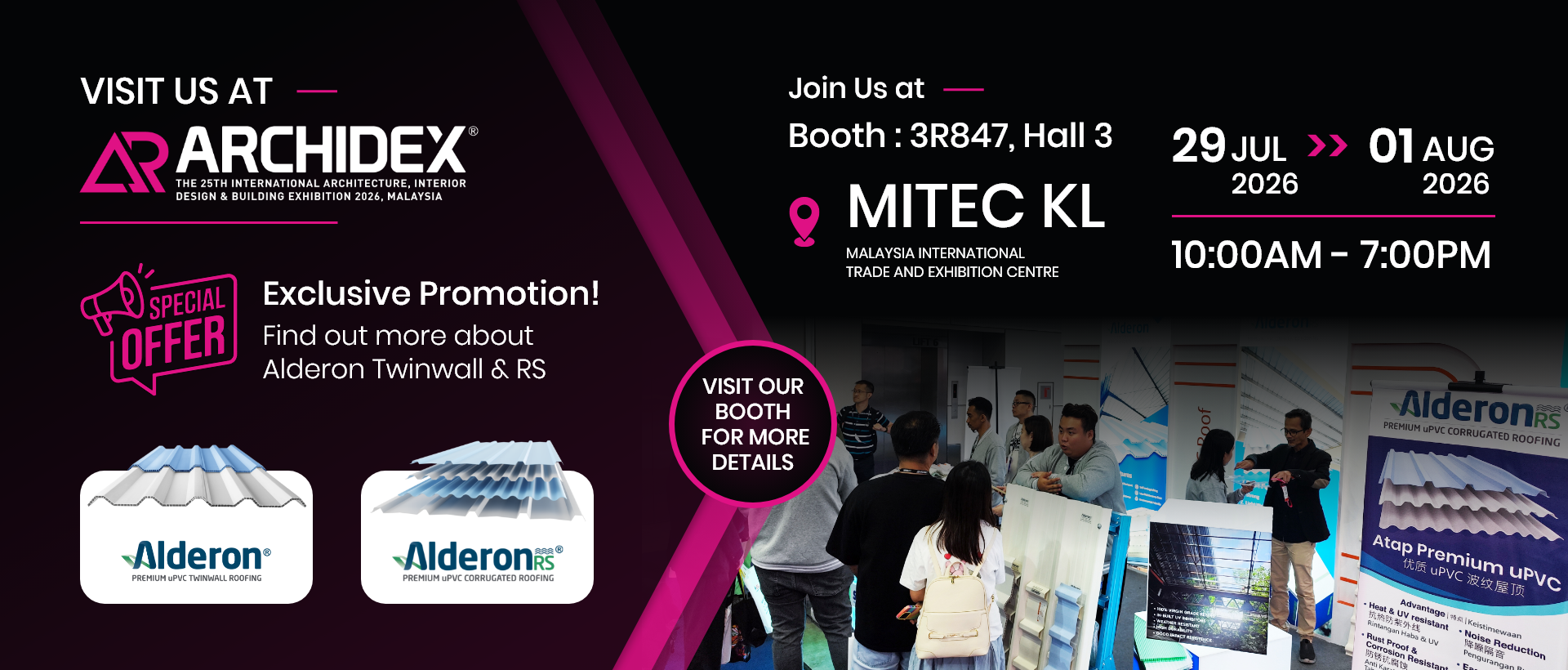 Mulford Plastics at ARCHIDEX 2026, exclusive Alderon Twinwall and RS promotion, Booth 3R847 Hall 3, MITEC KL, 29 July to 1 August 2026